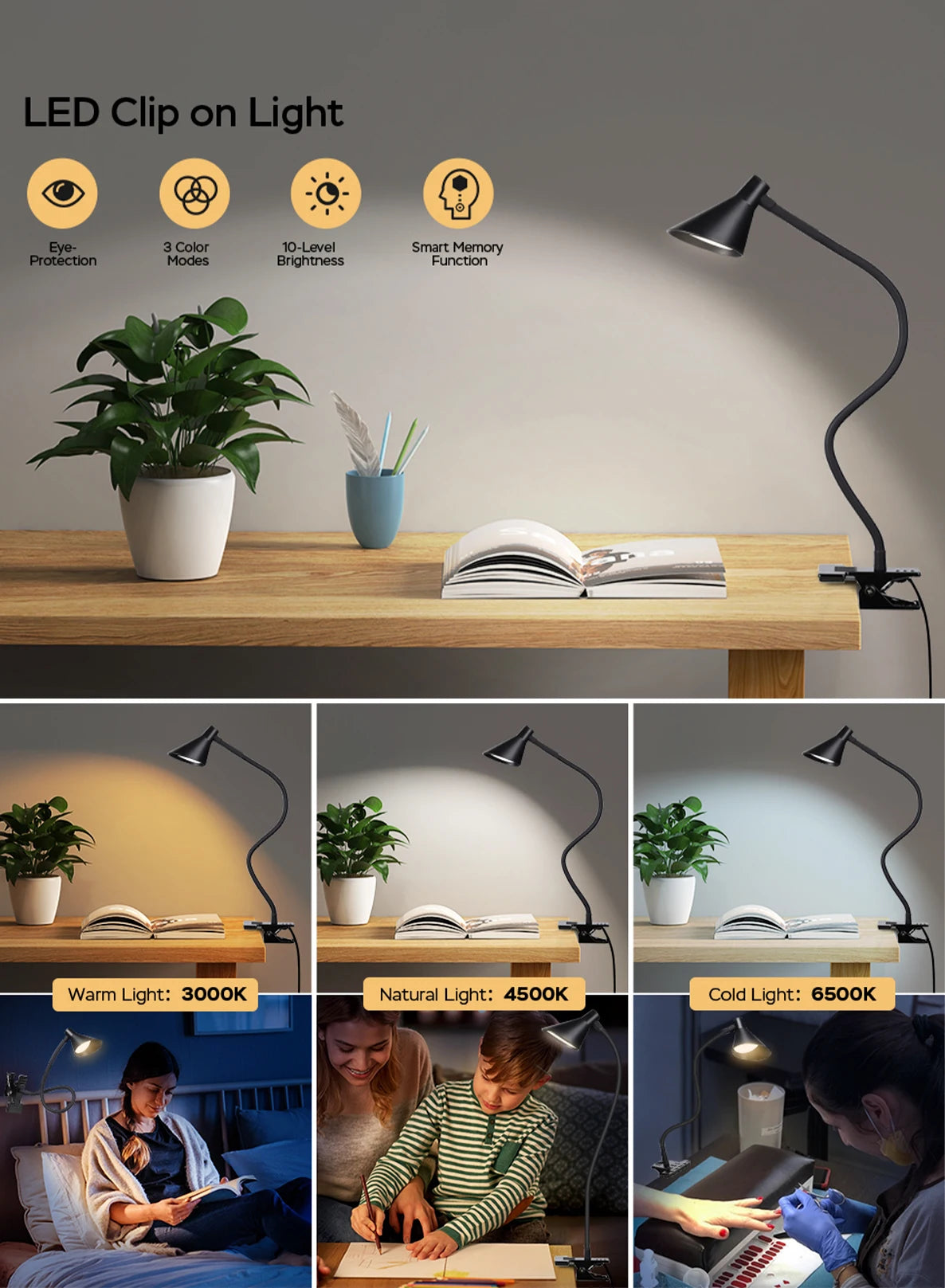 Reading Light, USB Clamp Lamp for ChildReading Book in Bed at Night, LED Small DeskLamp with Adjustable Gooseneck Clip