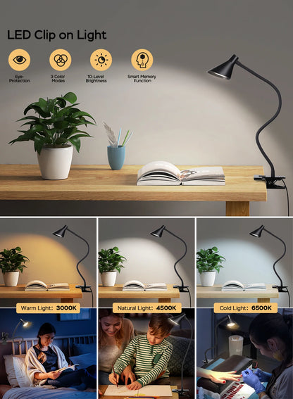 Reading Light, USB Clamp Lamp for ChildReading Book in Bed at Night, LED Small DeskLamp with Adjustable Gooseneck Clip