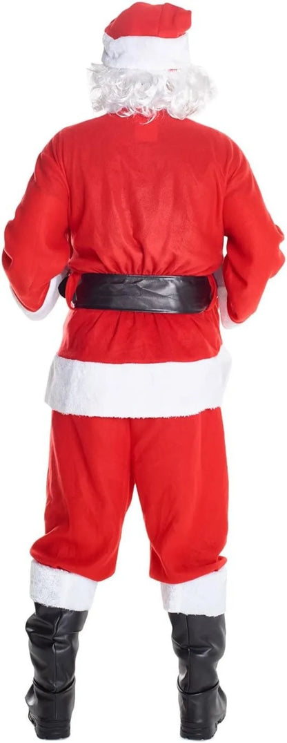 Christmas Santa Claus Costume Men's Luxurious Long Plush Gold Velvet Set Red Gift Bag Set of 8 Pieces