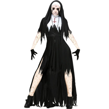Halloween Costume for Women Nun Costume Cosplay Costumes Vampire Demon Costume Cross Print Long Dress Party Clothes