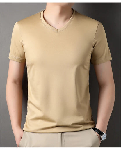 Top Grade 1.7% Mulberry Silk New Summer Brand Tops V Neck t Shirts For Men 2025 Short Sleeve Casual Fashion Mens Clothing