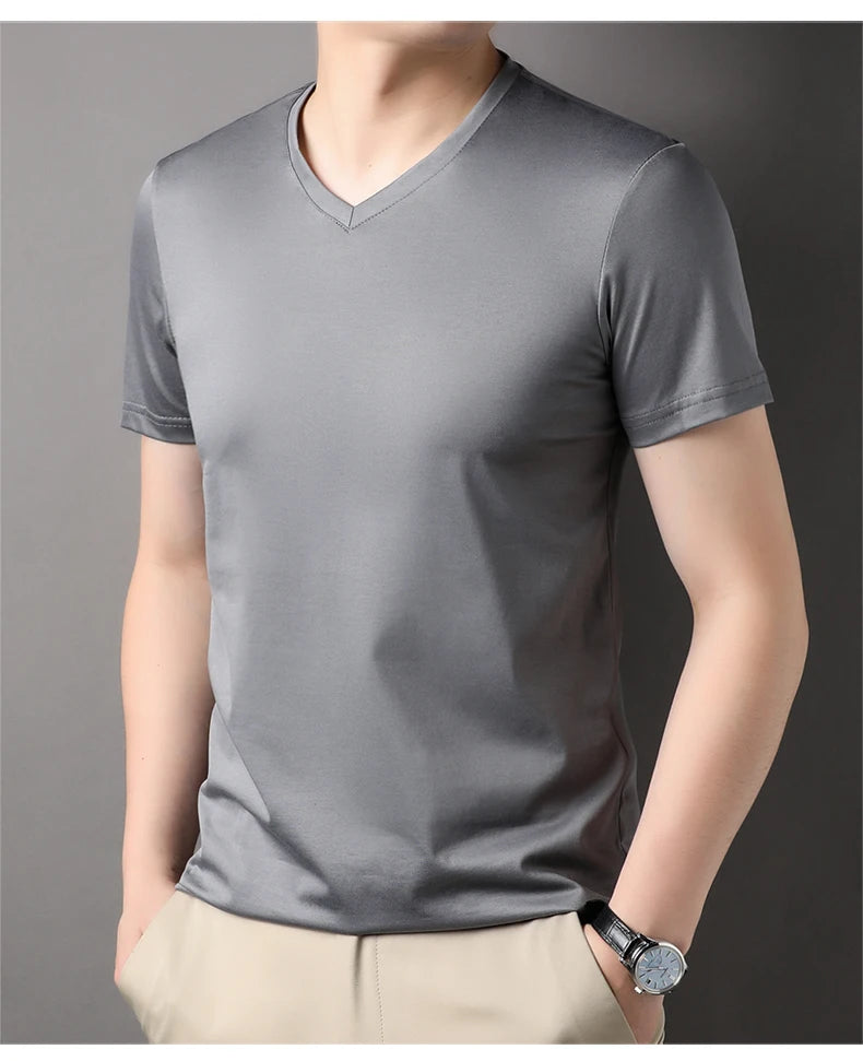 Top Grade 1.7% Mulberry Silk New Summer Brand Tops V Neck t Shirts For Men 2025 Short Sleeve Casual Fashion Mens Clothing