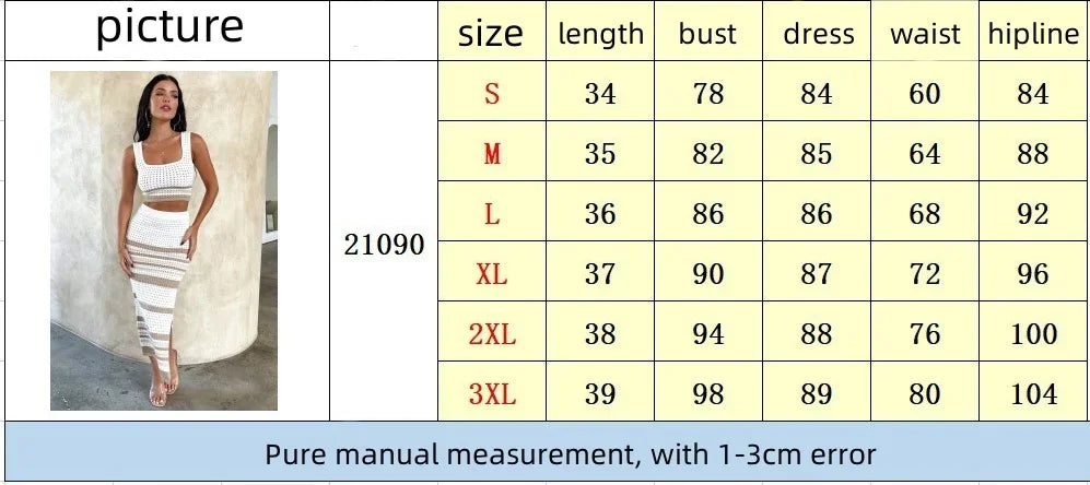 Women's Two-piece Striped Slim Slit Skirt And Sleeveless Crop Top Set Summer Knitted Hollow Dress