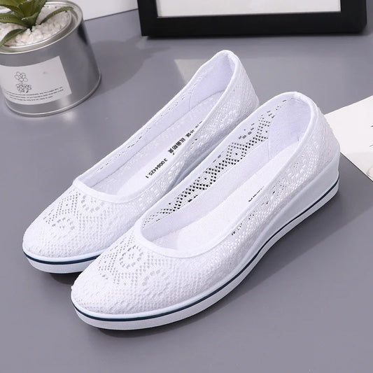 Women’s White Lace Breathable Slip-On Sneakers – Casual Summer Flats with Low Wedge Comfort Sole