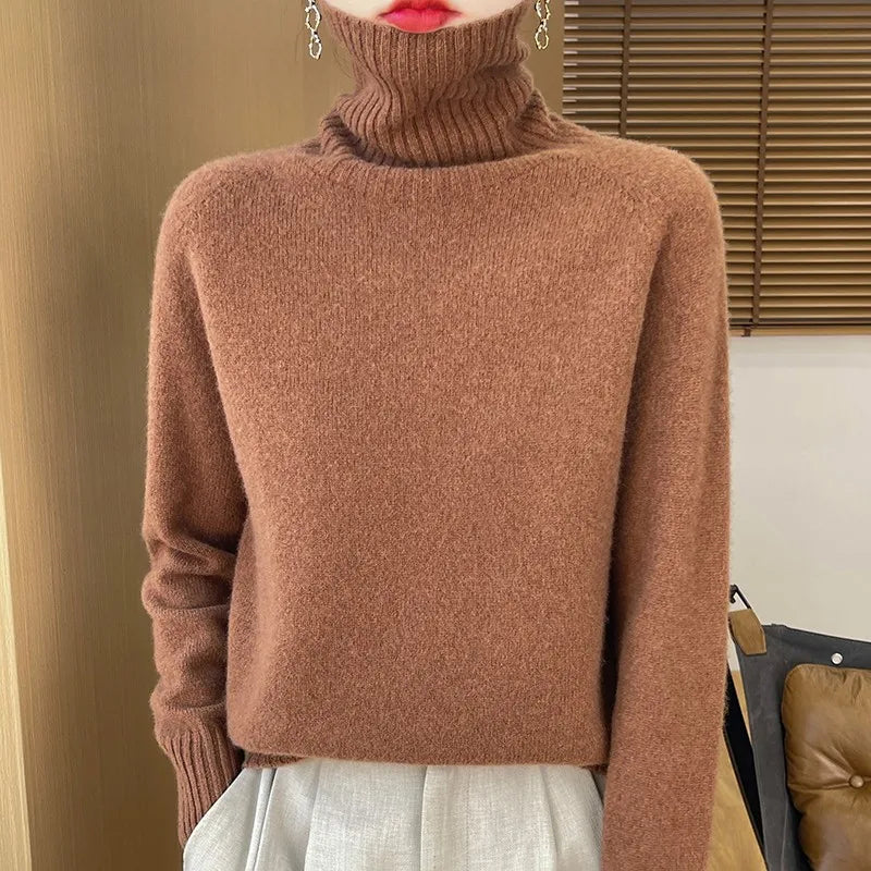 Women's Clothing New Fashion Autumn And Winter Merino Wool Pullover Solid Color Long Sleeve Basic Thermal Top 100% Wool Sweater