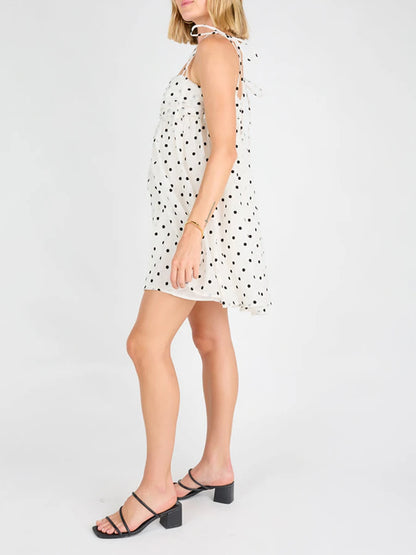 Women s Polka Dot Print Sleeveless Tie Strap A-Line Dress with Square Neckline Summer Mini Dress for a Chic Look