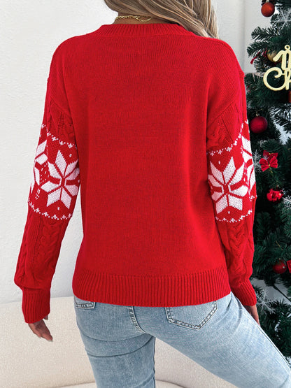Christmas Woman Sweater Autumn Winter 2025 Casual Contrast Color Snowflake Pattern Knitted Tops Round Neck Long Sleeved Pullover