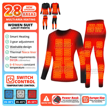 28 Areas Winter Motorcycle Heated Thermal Underwear Men's Women's Heated Jacket USB Heating Smart Pants Hiking Bike Camping Ski