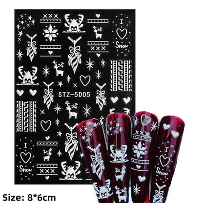 Cute Deer Christmas Nail Stickers 5D Embossed Elk Star Gingerbread Man Snowflake Santa Claus Holly DIY Winter Engraved Manicure*