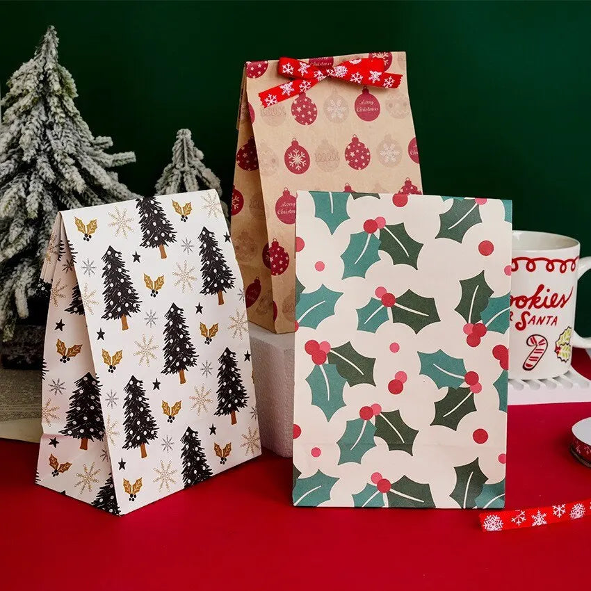 8pcs/12pcs Kraft Paper Candy Cookie Bag Santa Claus Snowman Christmas Gift Packing Bags Xmas Navidad Party Decor Supplies