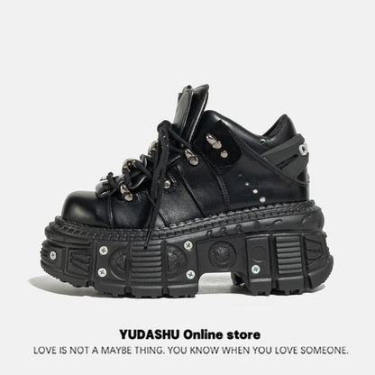 Gothic Dark Platform Thick Bottom Punk Metal Height-Increasing Leather Women's Small Rock Lace-up Rivet Shoes
