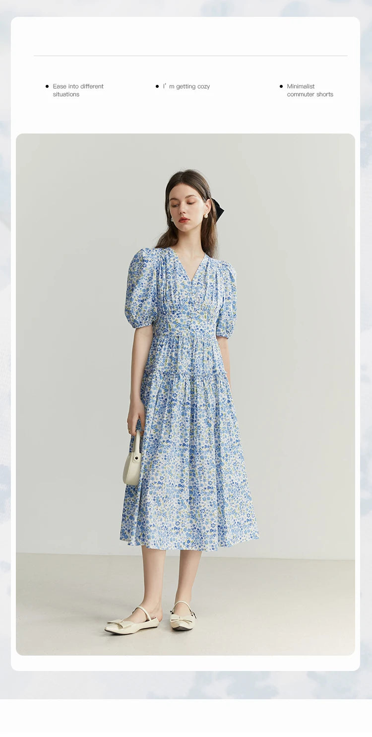 FSLE Blue Romantic Floral Dress Women Elegant Vintage High Waist V-neck Puff Sleeve Summer Printing Female Cotton Long Skirts