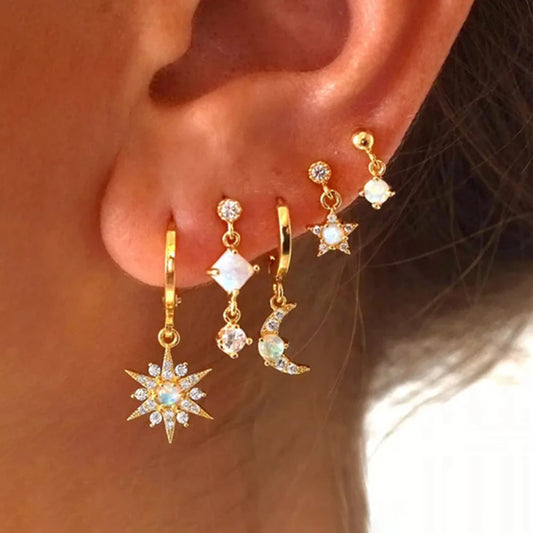 2PCS Star & Moon Opal Zircon Earrings – Stainless Steel Studs for Women