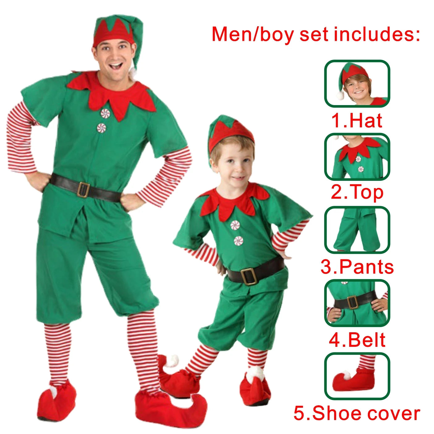 Adult and Boys Christmas Green Elf Cosplay Costume Xmas Party New Year Santa Claus Hat Belt Socks Shoe Cover Dress Clothes Set