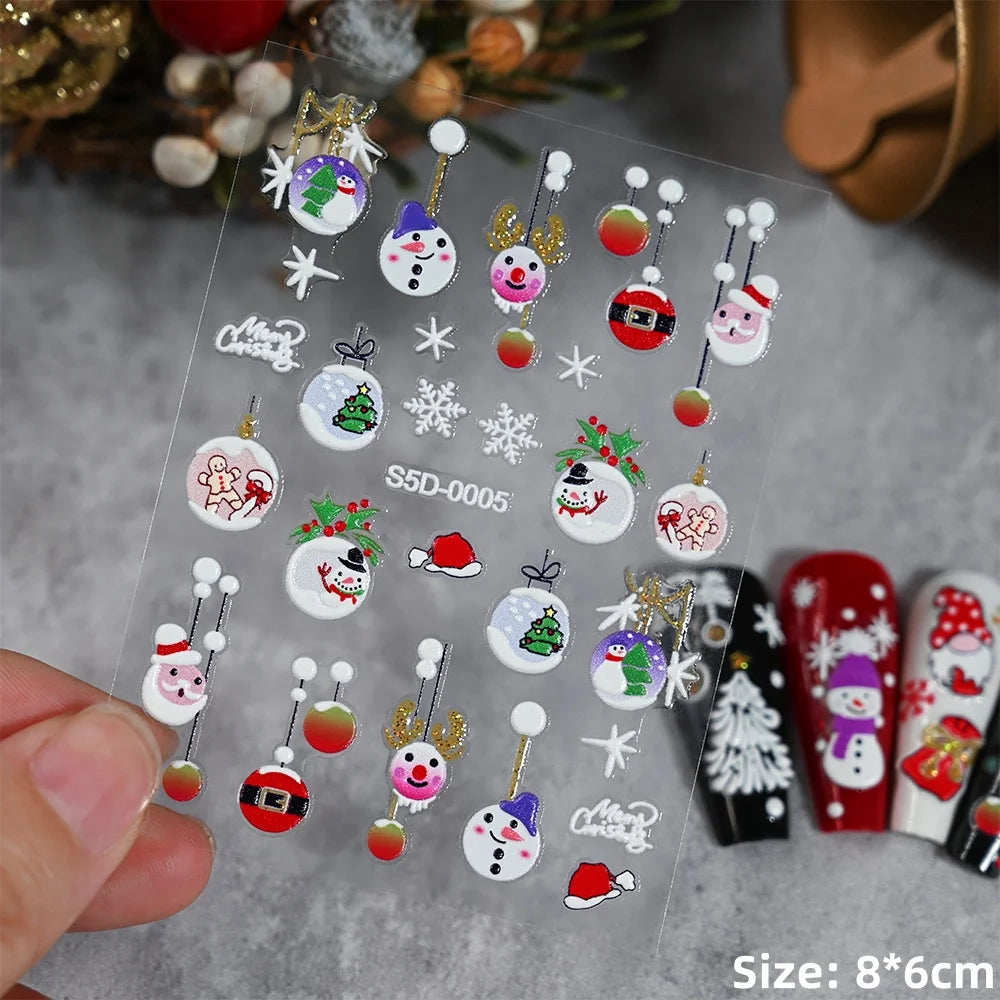 Cute Deer Christmas Nail Stickers 5D Embossed Elk Star Gingerbread Man Snowflake Santa Claus Holly DIY Winter Engraved Manicure*