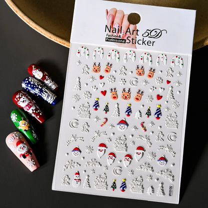 Cute Deer Christmas Nail Stickers 5D Embossed Elk Star Gingerbread Man Snowflake Santa Claus Holly DIY Winter Engraved Manicure*