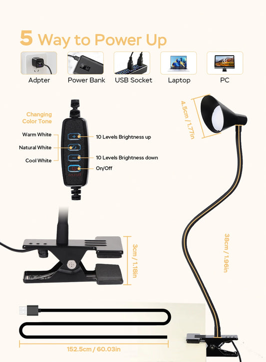 Reading Light, USB Clamp Lamp for ChildReading Book in Bed at Night, LED Small DeskLamp with Adjustable Gooseneck Clip