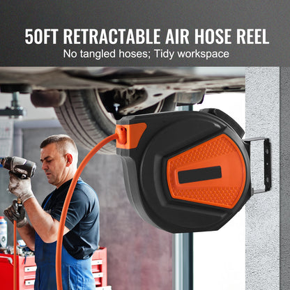 SucceBuy 50FT Retractable Air Hose Reel Wall-Mounted PVC Hose Automatic Rewinding Swivel Compressor for Automobile Maintenance