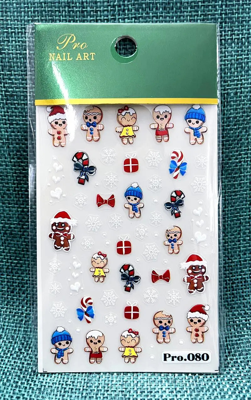 Cute Deer Christmas Nail Stickers 5D Embossed Elk Star Gingerbread Man Snowflake Santa Claus Holly DIY Winter Engraved Manicure*