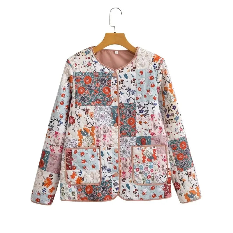 Women’s Quilted Floral Jacket – Vintage Loose Fit Winter Coat