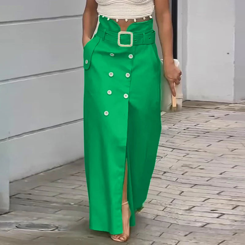 VONDA Women Elegant Skirts 2025 Casual Waistband Button Design Slit Long Overskirts Solid Color Office Lady Bottoms Oversized