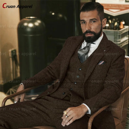 Brown Tweed Suits for Men Slim fit Classic Herringbone Businees Wedding Vintage Tuxedo Tailor-made Blazer Vest Pants 3 Piece Set
