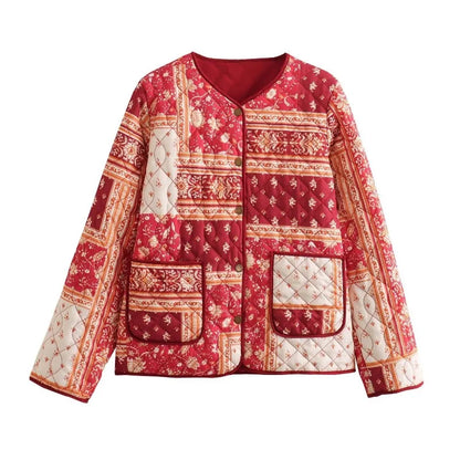 Women’s Quilted Floral Jacket – Vintage Loose Fit Winter Coat