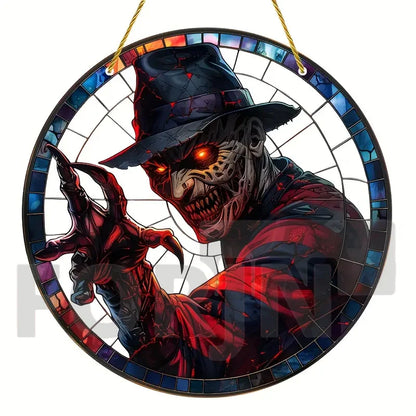 Horror Theme Stained Window Hanging Sun Catcher,Round Acrylic Translucent Sign,Halloween Decor for House,bar,Porch,Patio Garden