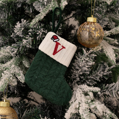 Green A-Z Letter Hanging Christmas Stockings Monogram Knitted Socks Fireplace Christmas Tree Hanging Party Decoration