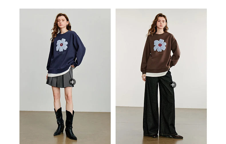 TOYOUTH Women Hoodies Sweatshirt 2025 Autumn New Plush Flower Printed Contrasting Color Splicing Fake Two Piece Cotton Pullover