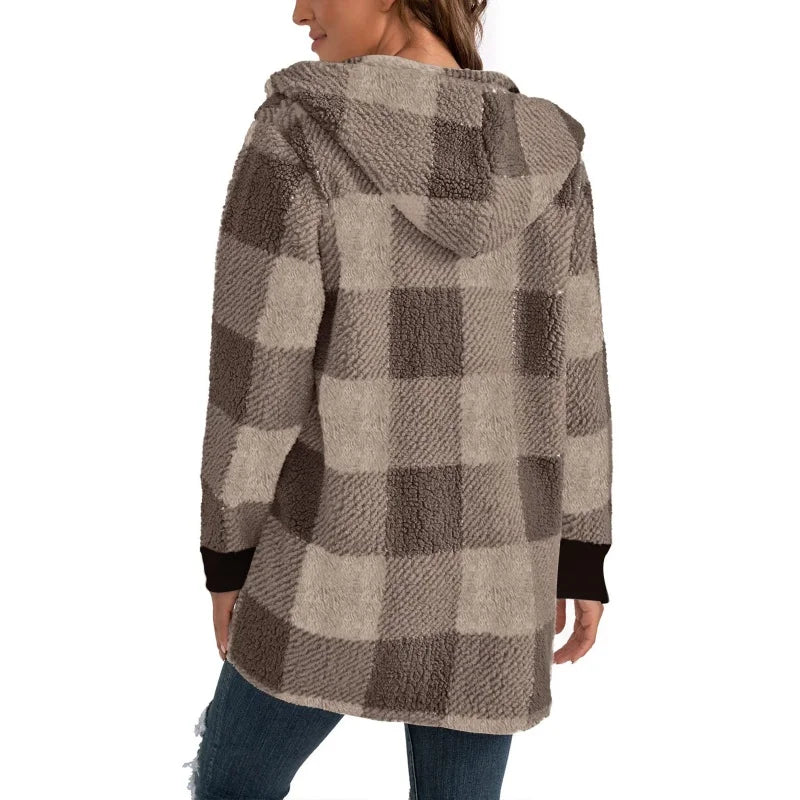 Women Autumn Winter Double Fleece Plaid Cardigan Soft Loose Long Sleeve Plush Warm Hooded Jacket Female Patchwork Outerwear Coat