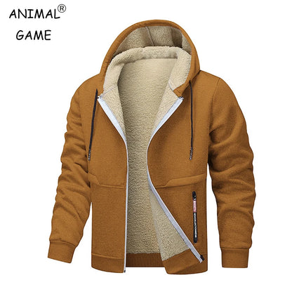 Animal Game Outdoor Hoodies for Men Fleece Ski Jackets Sherpa Lined Climbing Hooded Zipper Jacket Thick Streetwear Cycling Coats