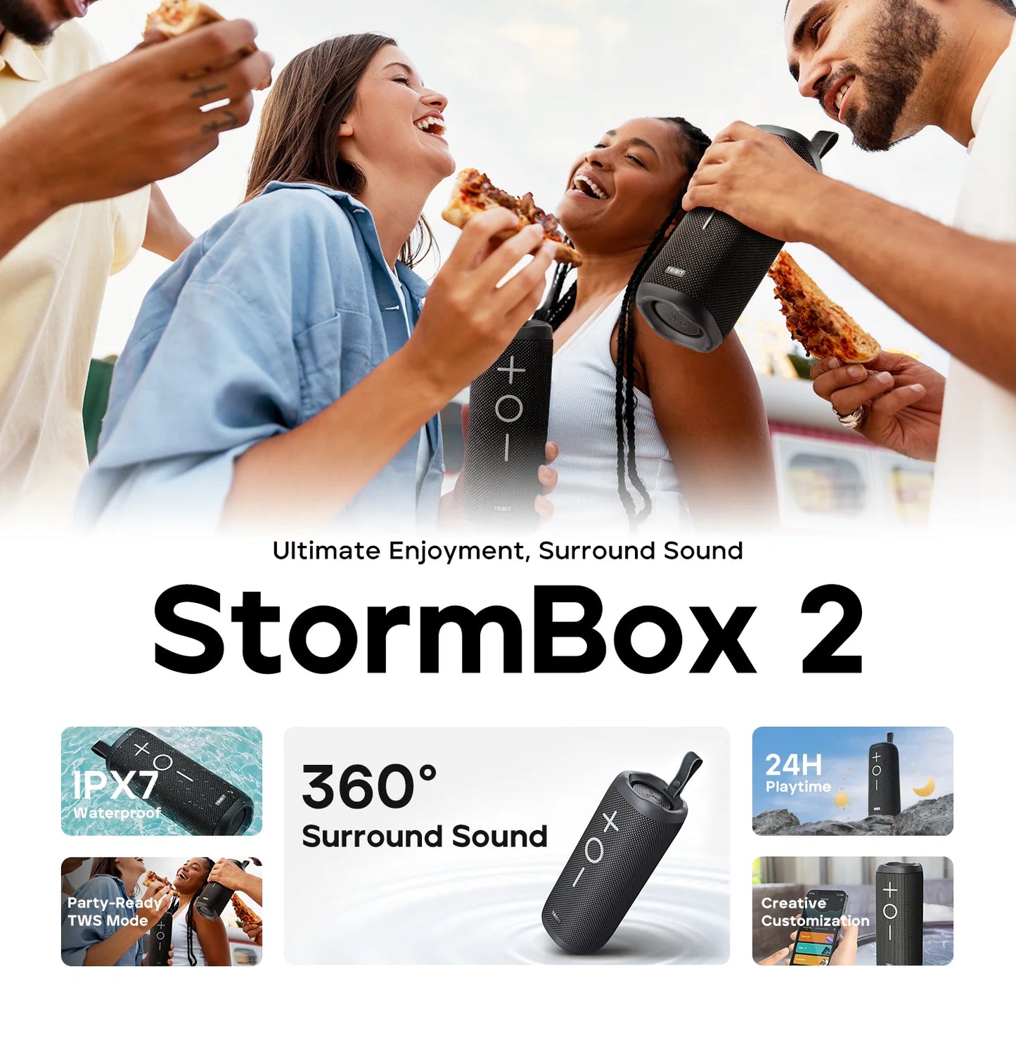 TRIBIT StormBox 2 Portable Bluetooth Speaker, 34W Power, IPX7 Waterproof Wireless Speaker 24-hrs Playtime For Camping, Hiking
