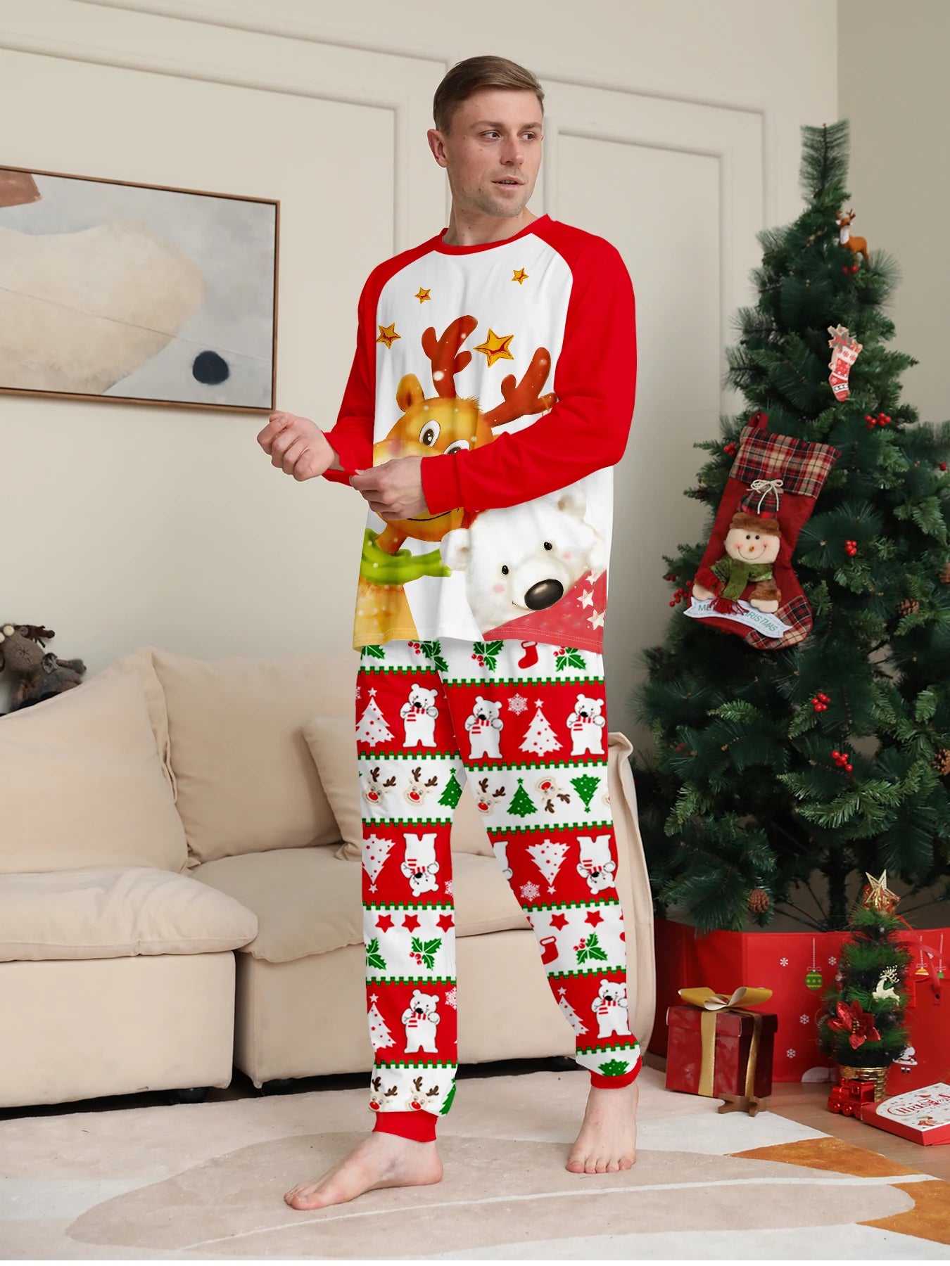 Men's Christmas Pajama Ensemble, Reindeer & Polar Bear Motif, Festive Patterned Pants