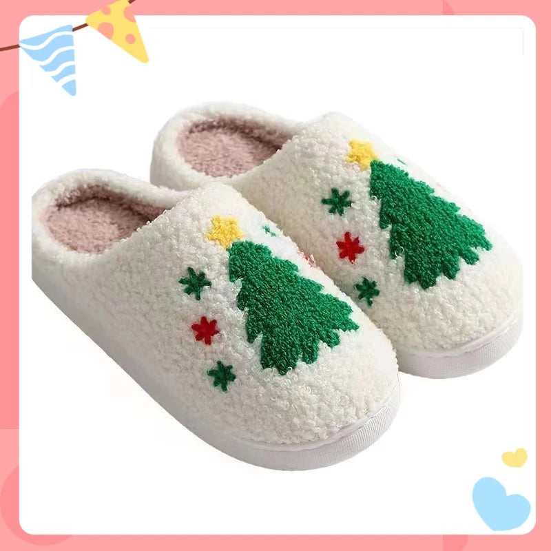 Christmas Women Warm Fashion Slippers Men Cute Santa Claus Embroidery Pattern Slides Couples Furry Sandals Family Plush Shoes