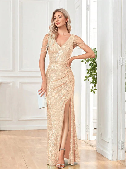 Elegant V-Neck Sequins Evening Dresses Long 2025 Luxury Women Formal Dress Wedding Party Prom Beading Cocktail Gowns