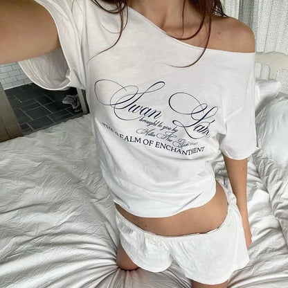 Casual Relax Woman T-shirt Letter 2025 Women Oversized One Shoulder Tops Versatile Street Atmosphere Style Fashionable Tops