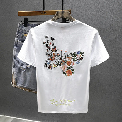 2025 Summer New Chinese Style Butterfly Embroidered Short-sleeved T-shirt Men Loose Casual Top