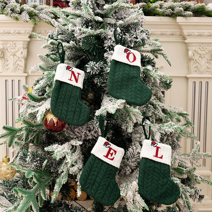 Green A-Z Letter Hanging Christmas Stockings Monogram Knitted Socks Fireplace Christmas Tree Hanging Party Decoration