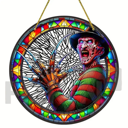 Horror Theme Stained Window Hanging Sun Catcher,Round Acrylic Translucent Sign,Halloween Decor for House,bar,Porch,Patio Garden