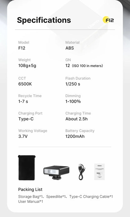 Ulanzi F12 Mini Camera Flash Speedlite GN12 6500K Standard Hot Shoe Mount for Sony Canon Nikon Panasonic Olympus DSLR Camera