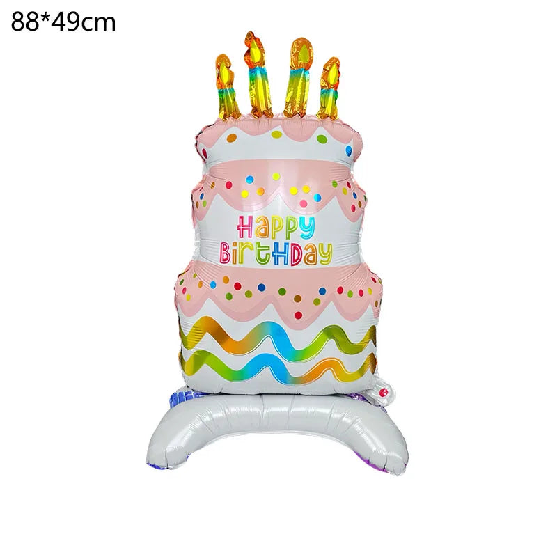 Birthday Cake Balloon with Base Standing Foil Balloon Cute Cake Balloon Kids Boy Girl Birthday Party Decor Supplies Baby Shower