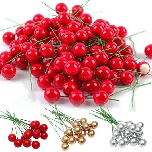 1000/50x Mini Artificial Berries Red Fake Berry Cherry Stamen for Christmas DIY Floral Wreath Ornament New Year Party Home Decor