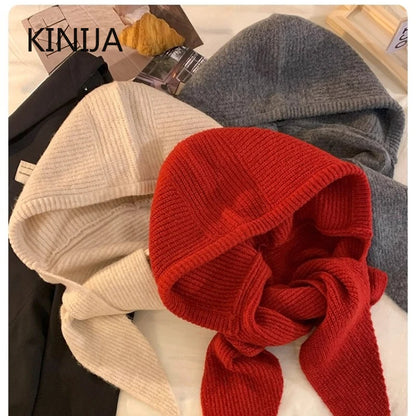 Korean Balaclava Bonnet Women Skullies Beanies Hat Scarf One-piece Thickened Warm Neck Protection Winter Accessories Knitted Law