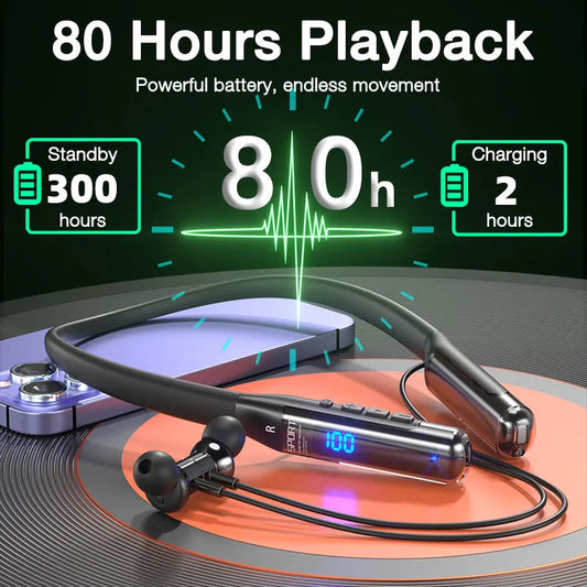 EARDECO Bluetooth 5.3 Neckband Headphones – 80H Battery, Stereo Bass, Mic