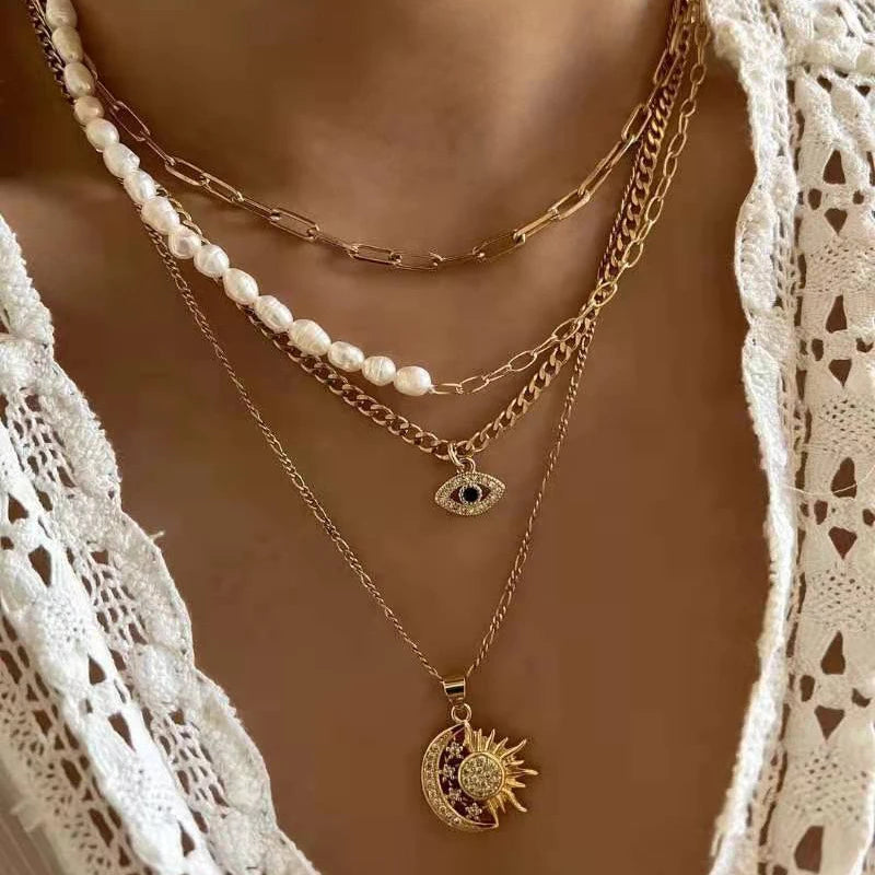 Layered Evil Eye & Cross Pendant Necklace – Lucky Charm