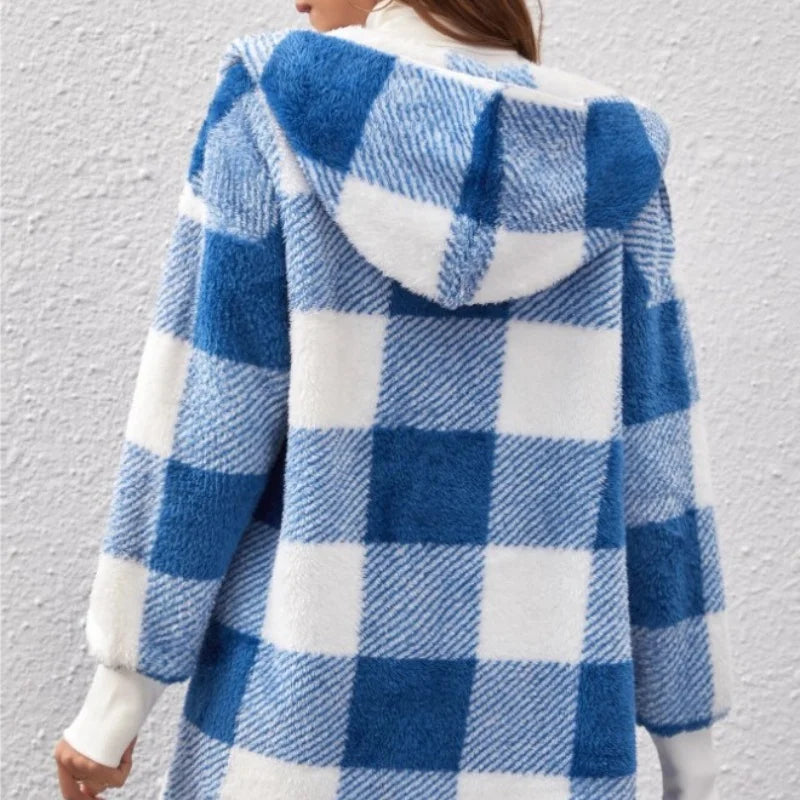 Women Autumn Winter Double Fleece Plaid Cardigan Soft Loose Long Sleeve Plush Warm Hooded Jacket Female Patchwork Outerwear Coat