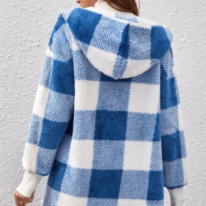 Women Autumn Winter Double Fleece Plaid Cardigan Soft Loose Long Sleeve Plush Warm Hooded Jacket Female Patchwork Outerwear Coat