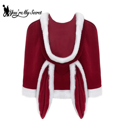 [You're My Secret] Christmas Dress Suit Women Xmas Cosplay Costume Red Suit Party Rabbit Ears Hooded Shawl Christmas Girl Set