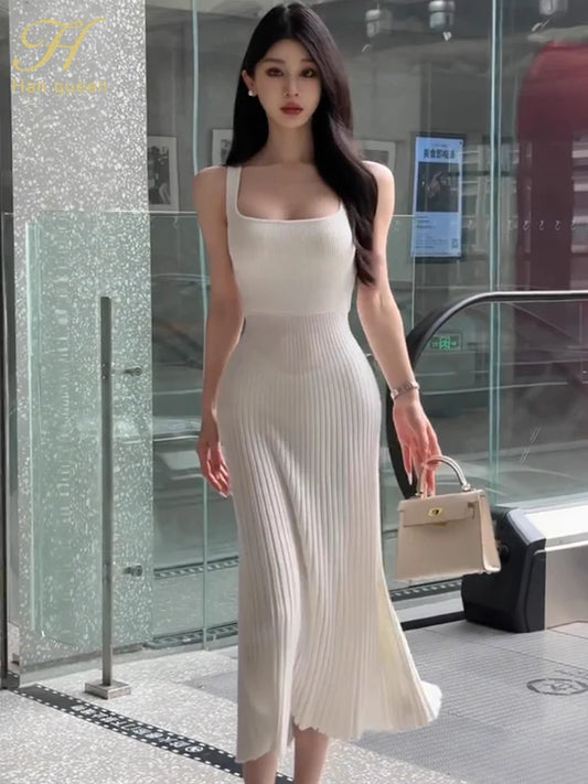 White Sleeveless Knit Midi Dress – Summer Party Style